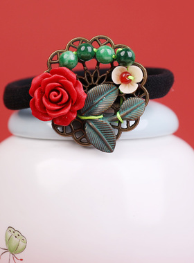 凤仪（饰品）中国风头绳发圈橡皮筋皮套扎头发饰红色花朵发饰配饰