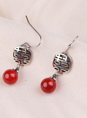 红色新娘耳饰双喜临门玛瑙耳环简约民族风耳坠创意玉髓水滴首饰女