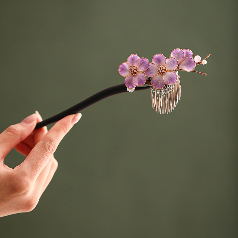 新中式蚕丝掐丝绒花缠花檀木流苏发簪古风头饰簪子花朵国风发簪子