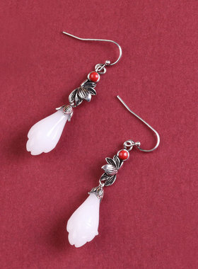 凤仪（饰品）S925银耳饰镀白色复古时尚中式荷花兰花南红旗袍耳坠