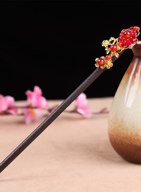 新娘发饰古典长发簪头饰复古中国风红色玛瑙木发簪配饰民族风簪子