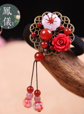 发圈中国风头绳小清新森女橡皮筋皮套扎头发饰品红色花朵发饰配饰