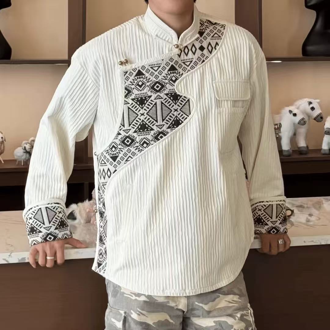 2025秋冬新款男士休闲衬衫外套新中式立领上衣百搭舒适长袖上衣