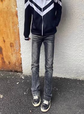 美式高街闪电纹微喇弹力牛仔裤男款痞帅vibe裤子修身显瘦直筒长裤