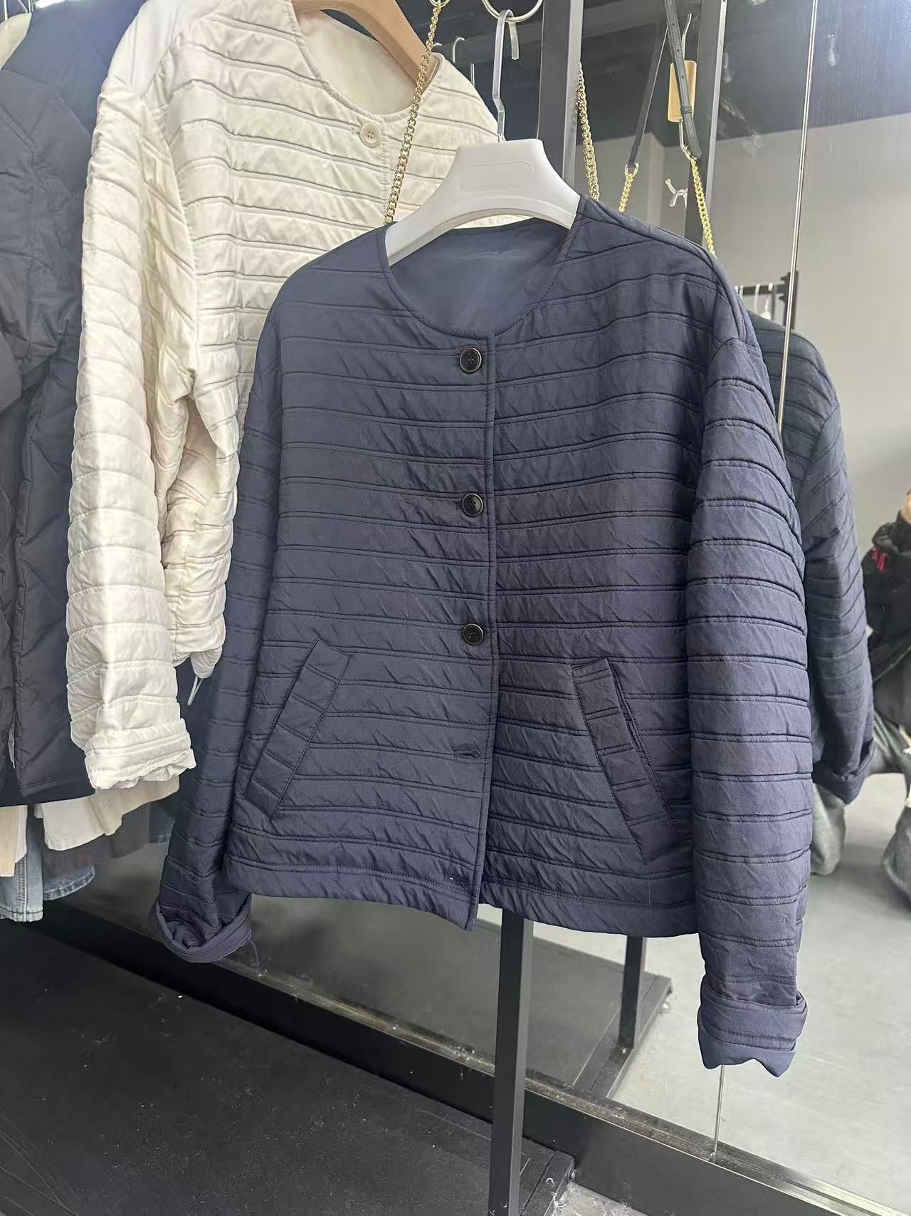 maymonk轻薄圆领排骨棉服 藏青色宽松显瘦秋冬上衣外套 下摆抽绳