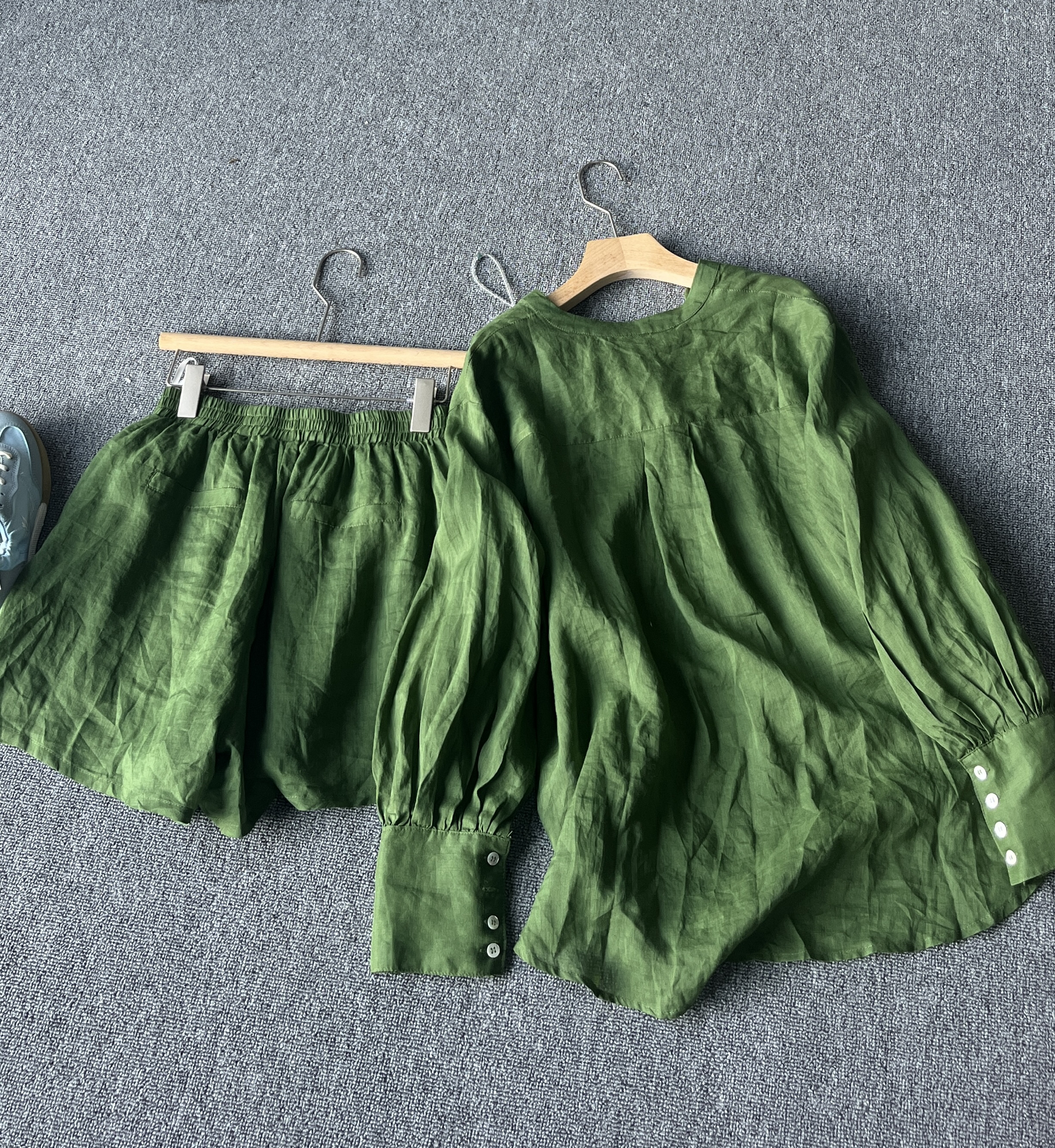 MAY MKON韩国慵懒风苎麻V领长袖衬衫阔腿短裤时尚套装女宽松休闲