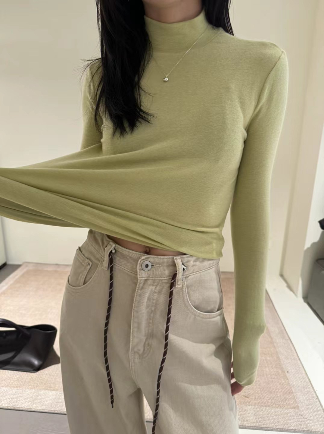 dunvegan韩国进口面料软糯弹力中领浅绿色鹅黄紫色内搭羊绒打底衫