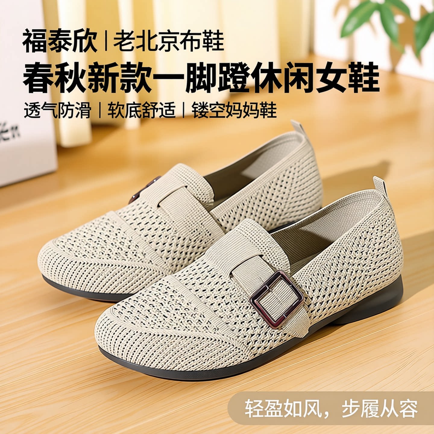 福泰欣老北京布鞋春秋新款一脚蹬休闲女鞋透气防滑软底镂空妈妈鞋