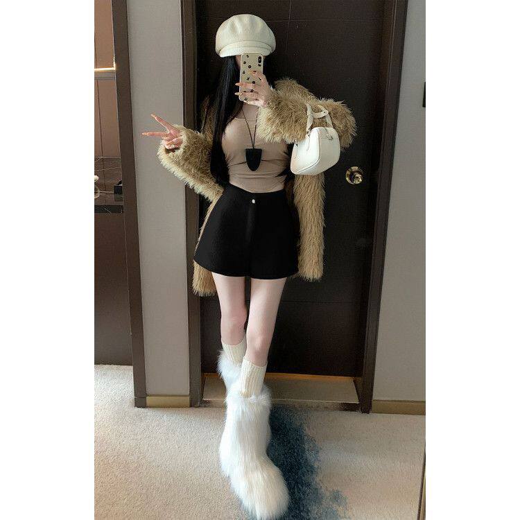辣妹加厚阔腿短裤子女春秋冬季A字高腰显瘦休闲纯色简约毛绒靴裤