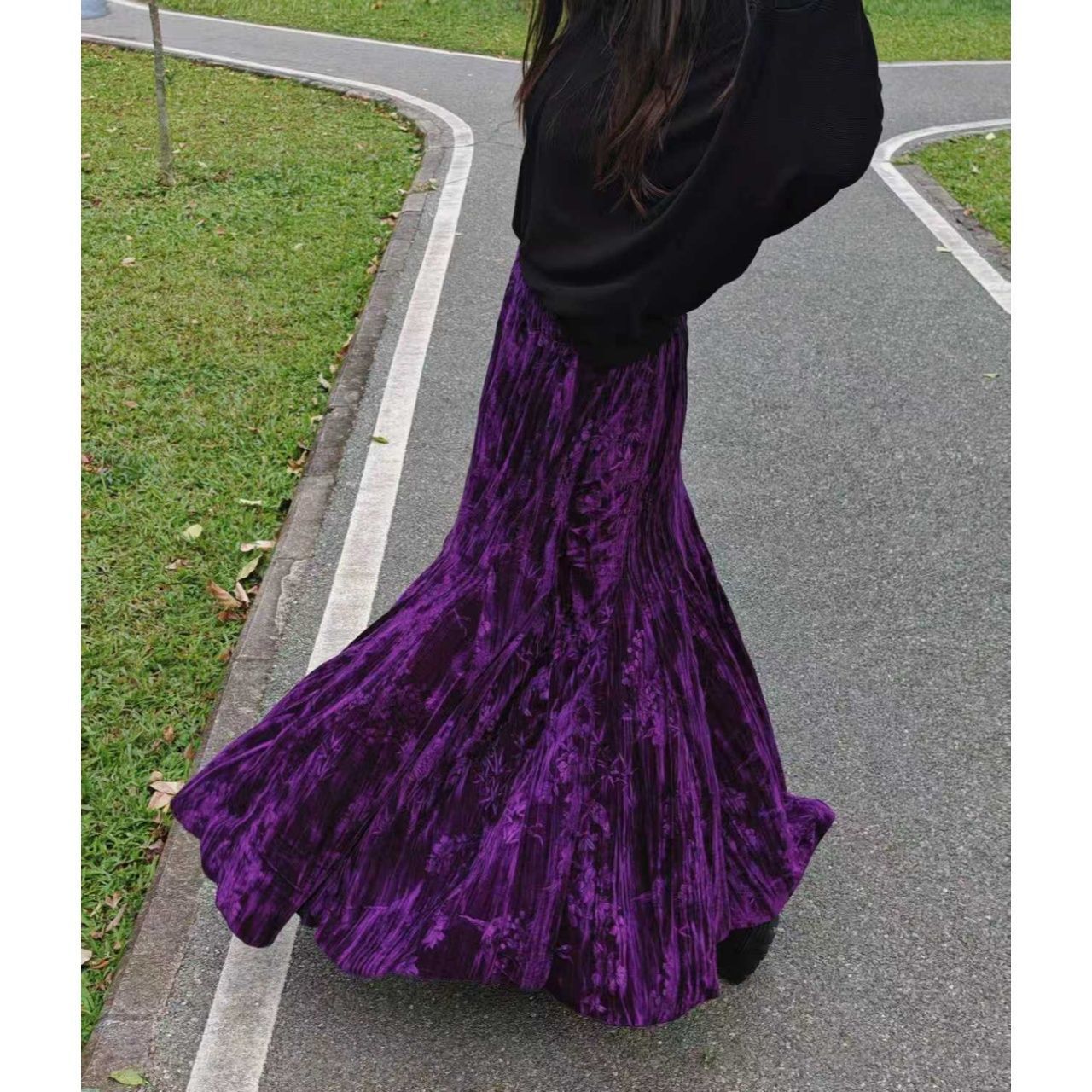 丝绒裙鱼尾裙长款春秋冬国风半身裙大裙摆印花复古女粉色长裙子女