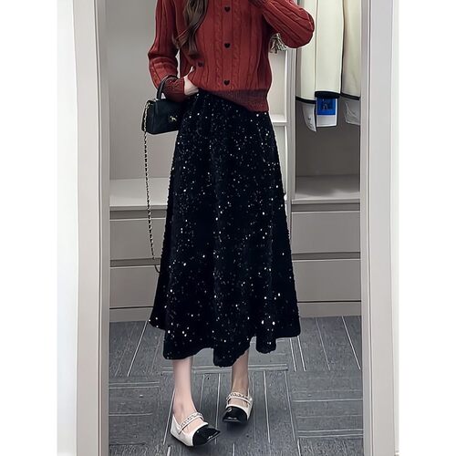 半身裙女亮片高级感黑色春秋新款丝绒长款裙子女时尚今年流行爆款