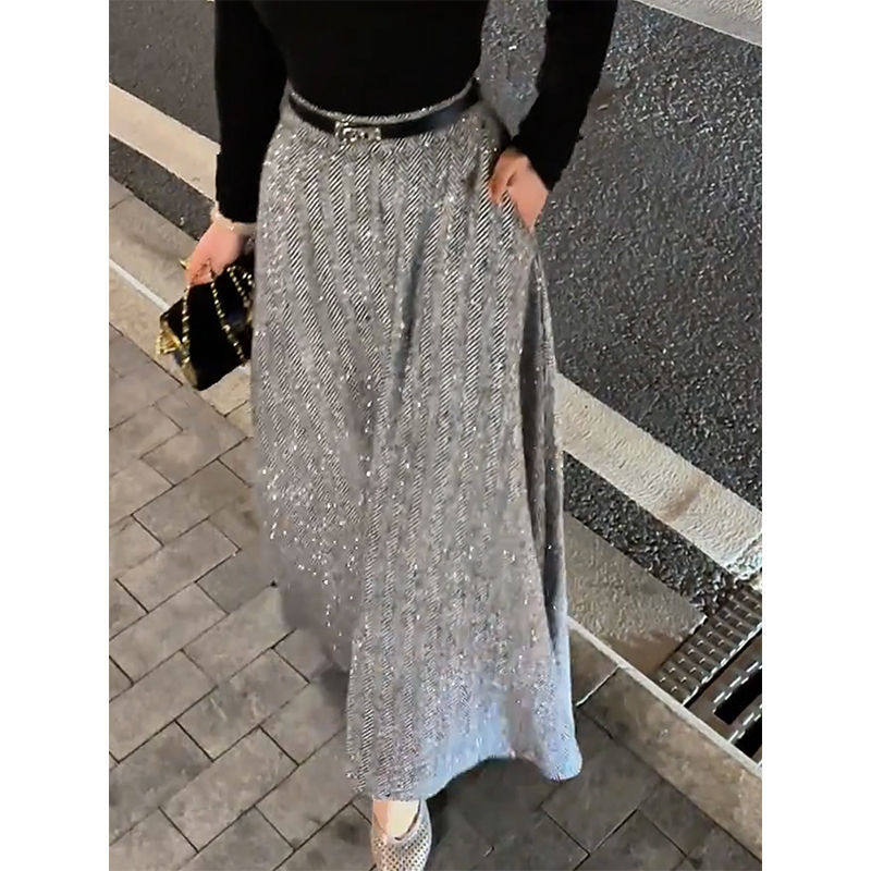 灰色高腰亮点插袋印花垂感直筒毛呢半身裙女秋冬新款宽松显瘦摆裙