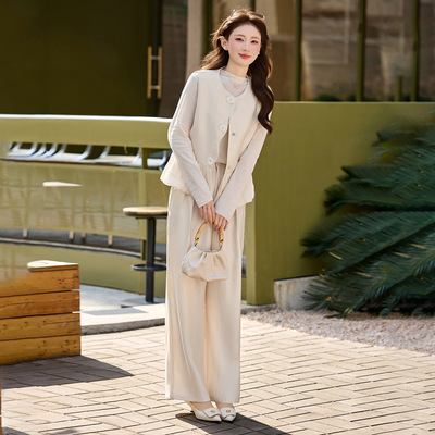 时尚套装2026春新款女装洋气时髦马甲打底衫秋阔腿裤三件套SX3226
