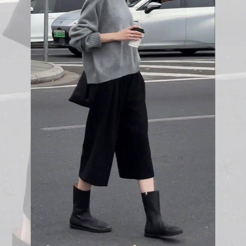 黑色七分毛呢裤女宽松线束2025秋冬新款松弛腔调加厚休闲阔腿裤子