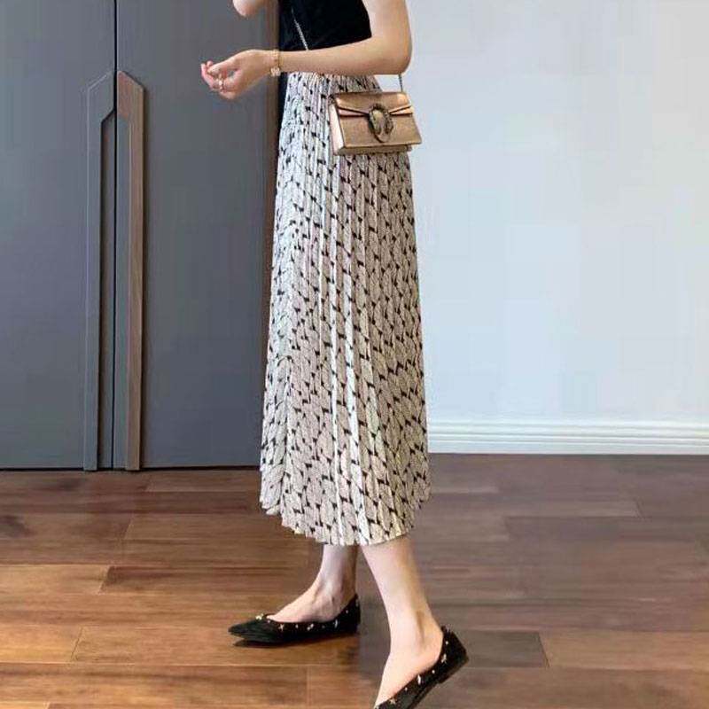 今天流行半身裙女2025夏季新款高腰宽松显瘦百搭印花百褶裙中长裙