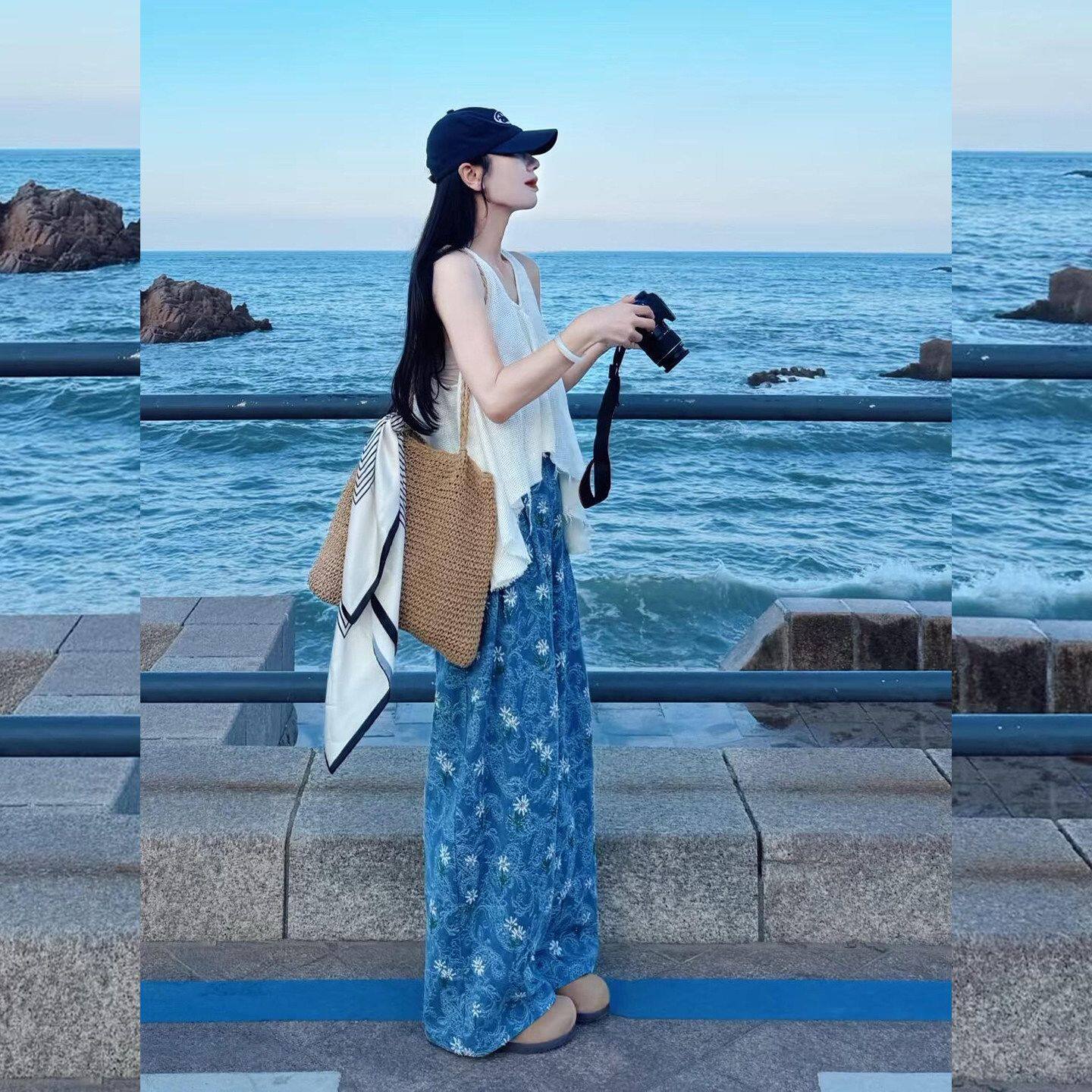 2026夏季新款女松弛感垂感阔腿裤薄款蓝色碎花休闲百搭直筒长裤