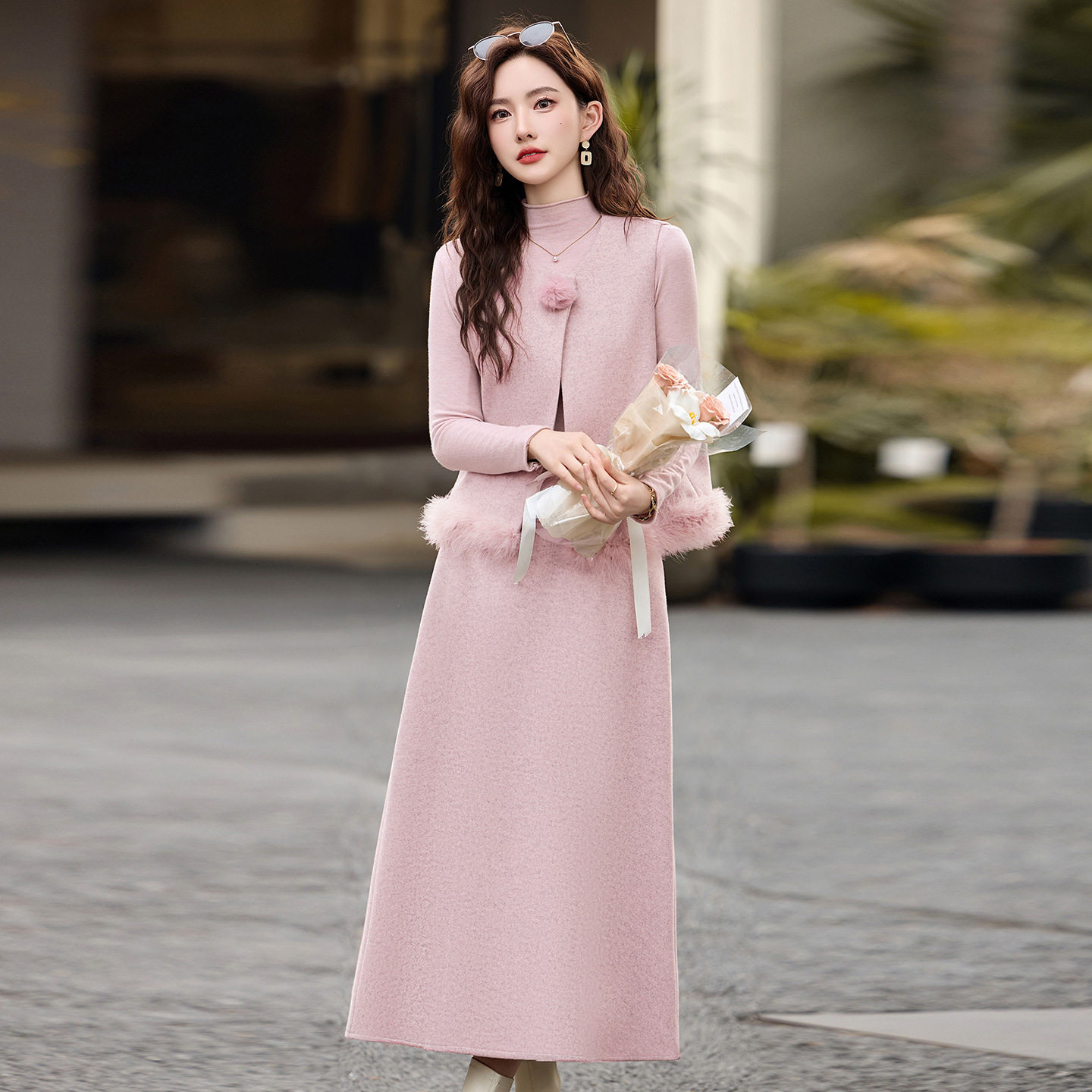 小香风女装套装2026春新韩系粉色鸵鸟毛拼接马甲内搭半身裙三件套,女装/女士精品,连衣裙,淘宝优惠券,粉丝福利购,淘宝优惠卷