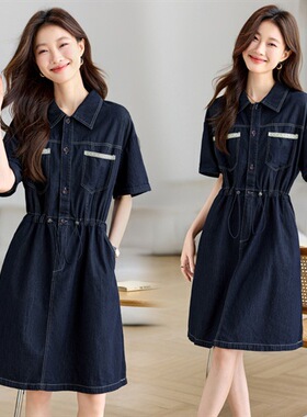 LT08778田原~棉+天丝口袋蕾丝边~抽绳收腰短袖柔软牛仔连衣裙夏