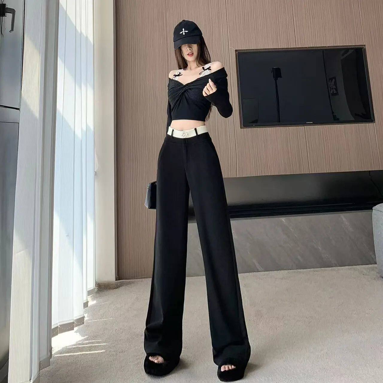 黑色高级感直筒宽松拖地设计感阔腿裤女秋冬高腰裤毛呢垂感长裤子