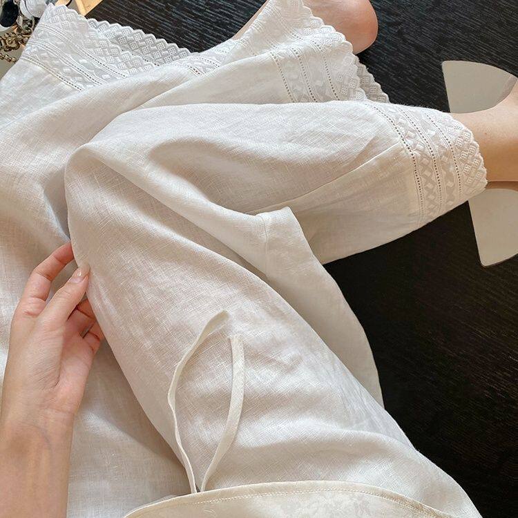 白色刺绣花边拼接棉麻休闲裤女夏季薄新款宽松慵懒显瘦九分阔腿裤