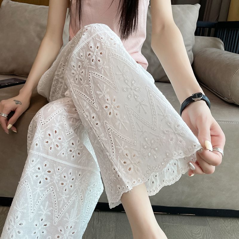 窄版国风阔腿裤女夏季薄款宽松显瘦白色绣花镂空休闲九分凉凉裤子