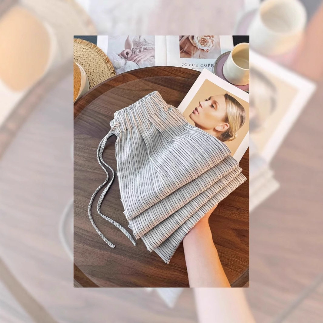夏季薄款阔腿裤今年流行女士小众设计感裤子黑色条纹棉麻宽松长裤
