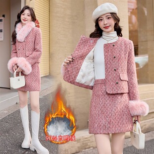 小香风套装两件套2025冬装新款小个子90绒羽绒外套半身短裙狐狸毛
