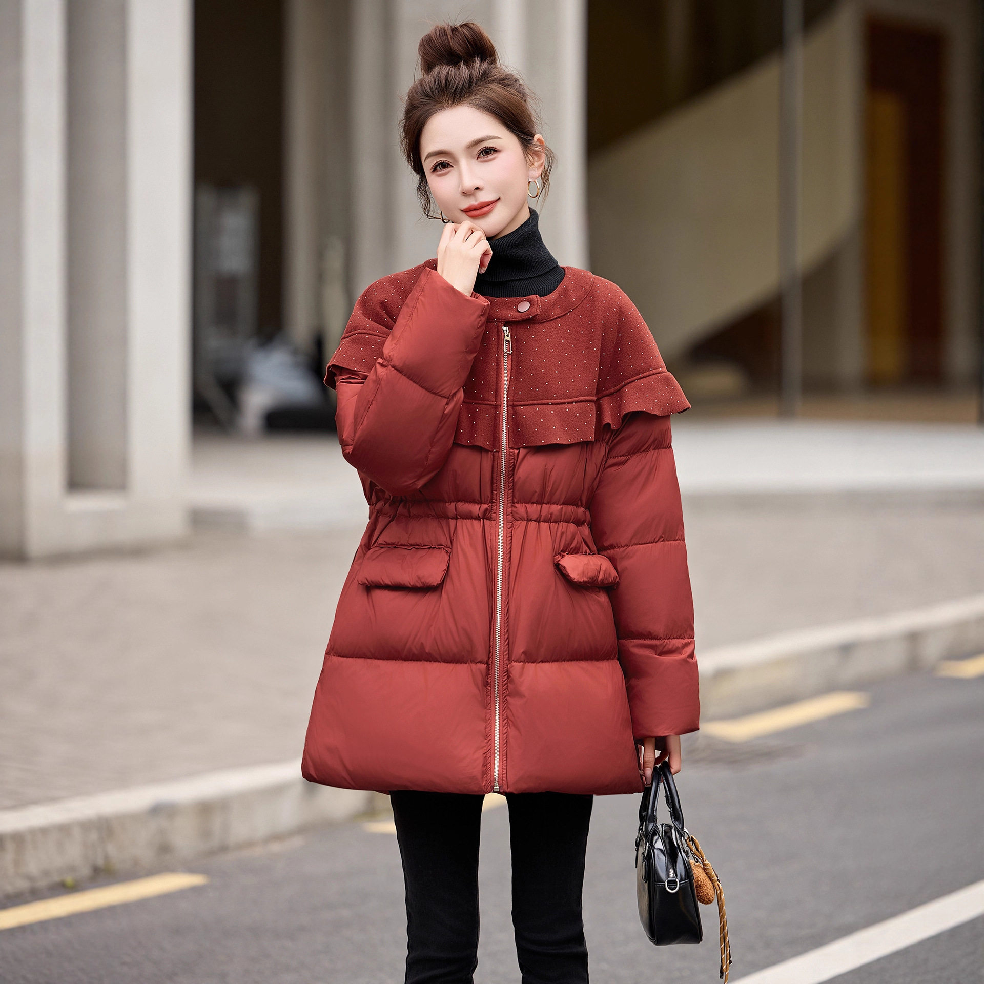 女式羽绒服2025冬季新款时尚花边亮片收腰中长款白鸭绒外套QC1631