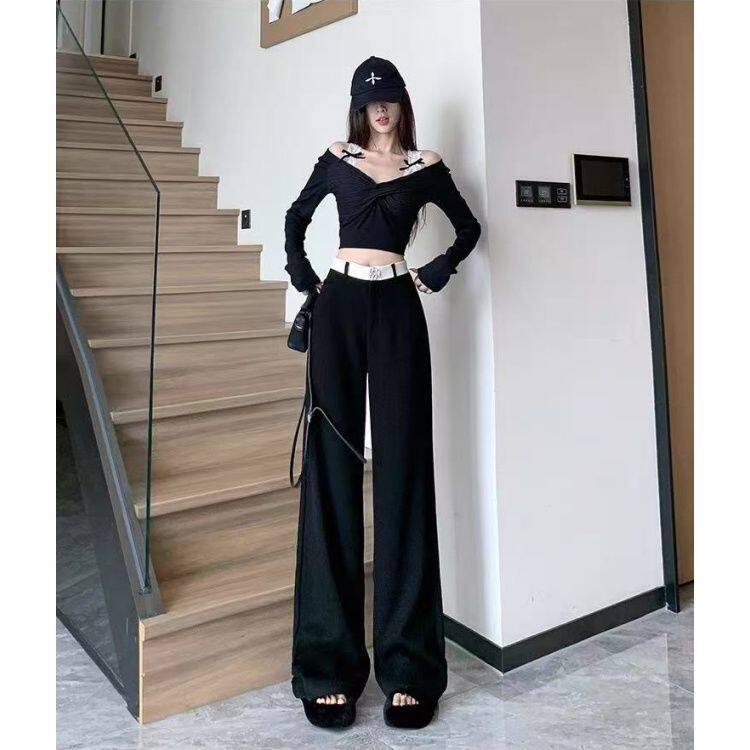 秋冬拖地直筒黑色毛呢高腰裤设计感长裤子高级感宽松阔腿裤女垂感