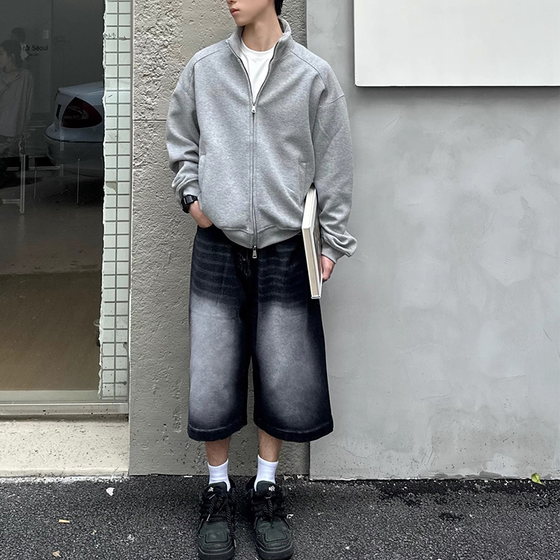 春秋季美式450g重磅纯色简约立领开衫短款卫衣休闲外套男女夹克