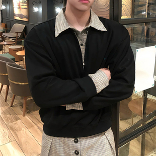 千鸟格假两件polo领卫衣男款秋季半拉链miu系长袖t恤格纹翻领外套