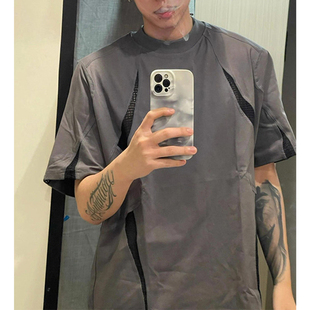 cleanfit解构深灰色重磅t恤男夏季网眼拼接正肩短袖美式高街半袖