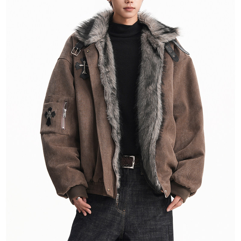 复古美拉德座山雕毛领棉服男冬季十字架贴皮保暖外套宽松情侣棉衣,男装,棉衣,淘宝优惠券,粉丝福利购,淘宝优惠卷