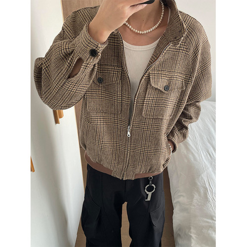 翻领春秋季宽松千鸟格夹克