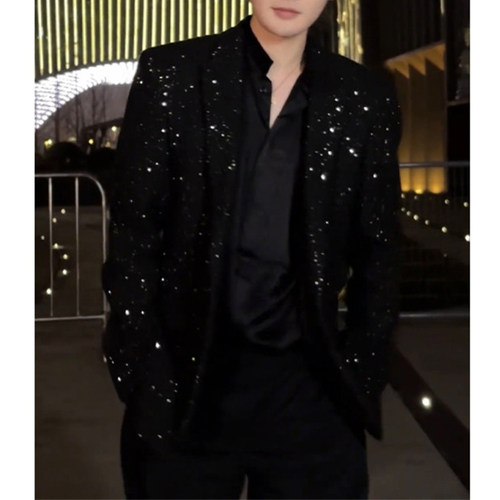 满天星亮片垫肩西装外套男生订婚穿搭高级感黑色晚礼服休闲小西服