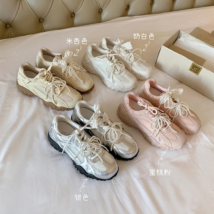 月牙底内增高德训鞋女蕾丝珍珠鸳鸯带厚底小白鞋