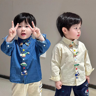 男童衬衫2026年春季新款现货中小童春装上衣卡通刺绣长袖男童衬衫