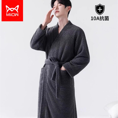 猫人睡袍男款冬季加绒加厚半边绒睡衣男士长款浴袍珊瑚绒睡裤套装