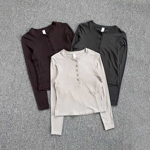 lulu同款亨利衫莫代尔紧身运动长袖女显瘦瑜伽服跑步健身打底上衣