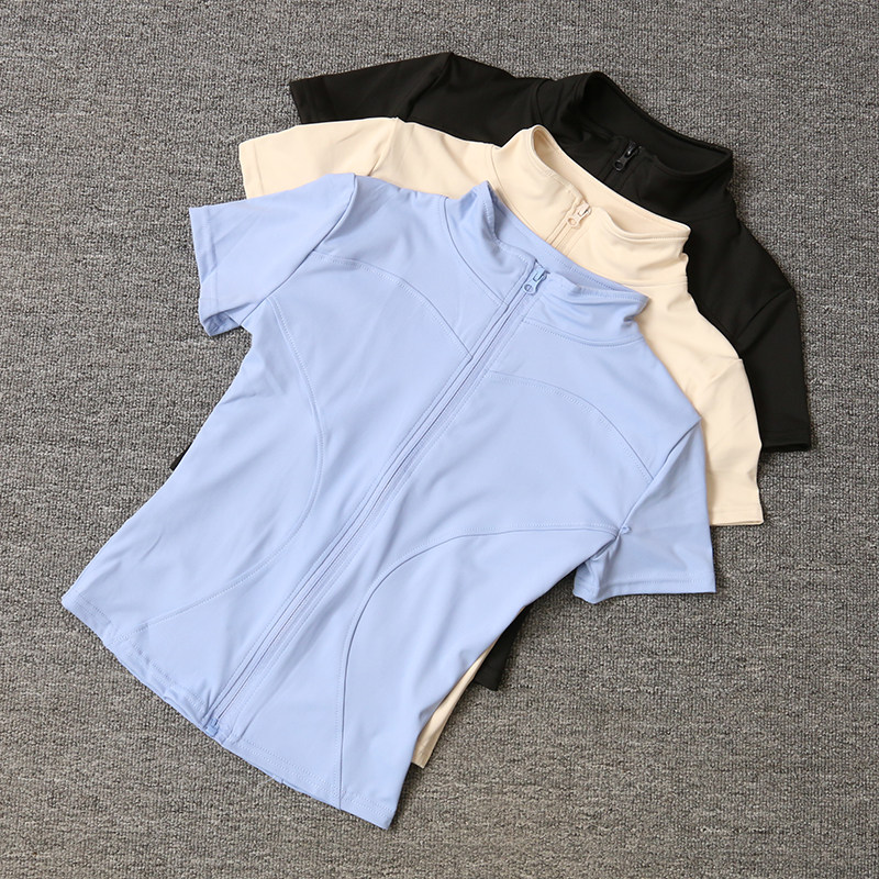 瑜伽服女紧身t恤运动短袖跑步训练普拉提立领拉链健身服外套春夏图片