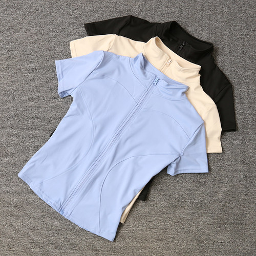 瑜伽服女紧身t恤运动短袖跑步训练普拉提立领拉链健身服外套春夏