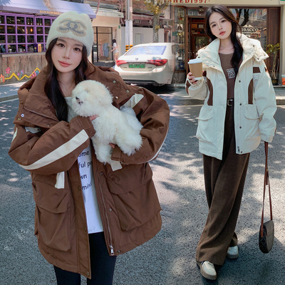 惊喜依依撞色冲锋衣羽绒服女加大码胖中长款冬季新款休闲连帽