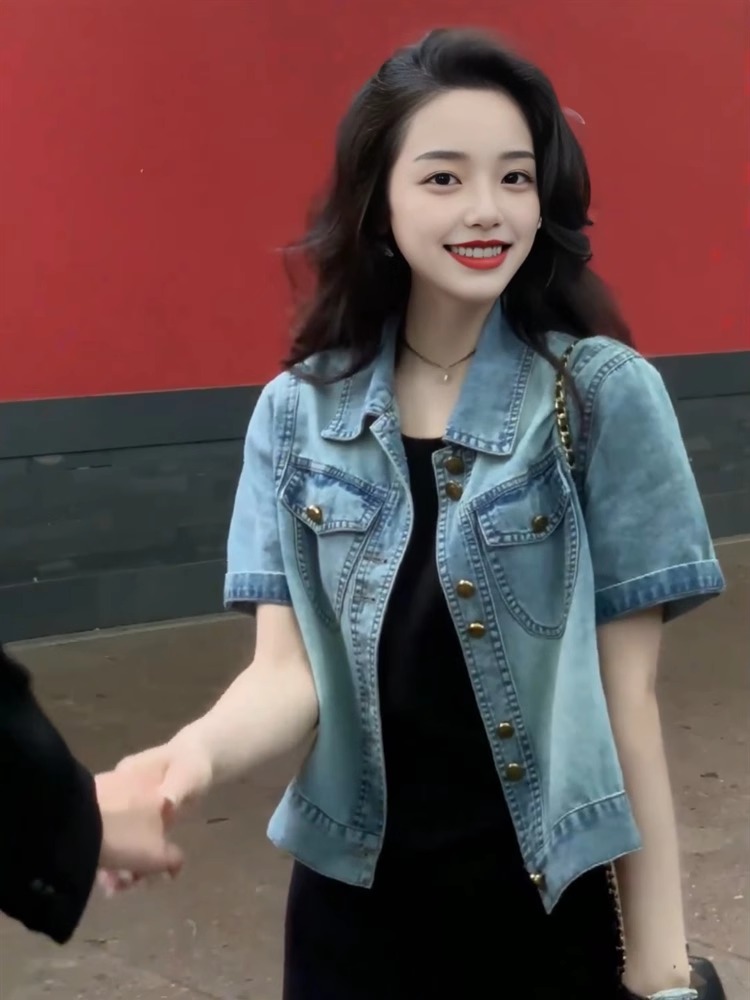 薄款牛仔短袖衬衫女2024夏季新款小个子显瘦显高休闲开衫短款上衣