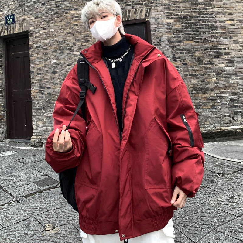 酒红色工装羽绒棉服男冬季加肥