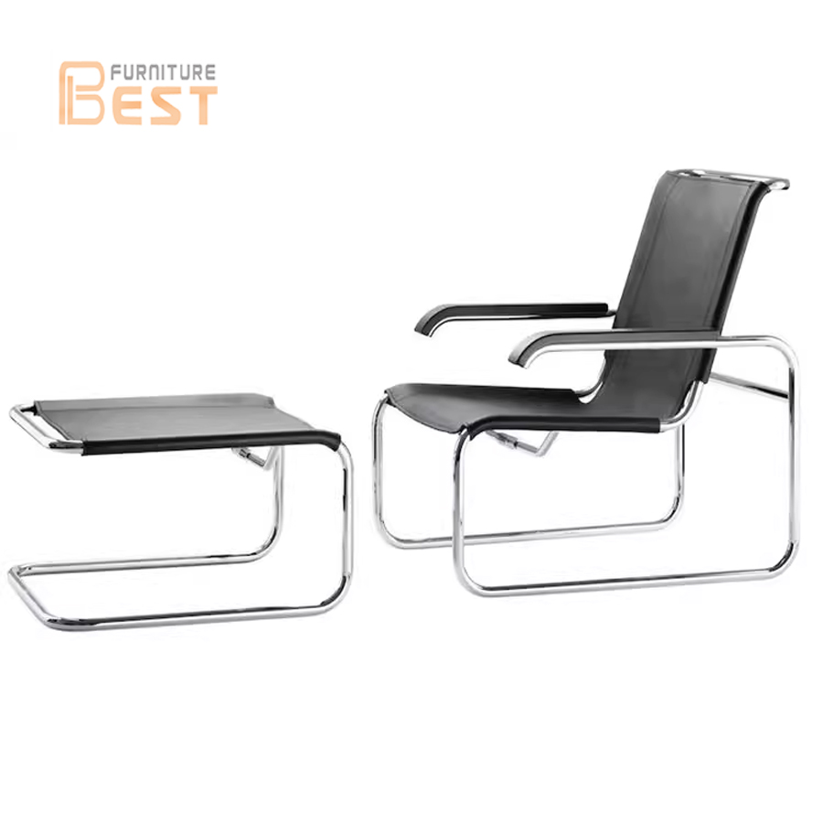 Thonet marcel breuer 北欧休闲椅皮艺设计师躺椅中古不锈钢椅