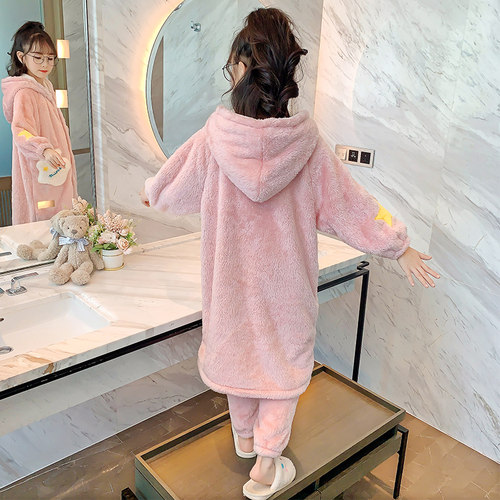 儿童睡衣珊瑚绒秋冬季加厚款星星云朵法兰绒女童孩睡袍家居服套装