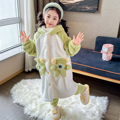 儿童睡衣套装冬季加厚款女童小孩珊瑚绒法兰绒睡袍浴袍连帽家居服