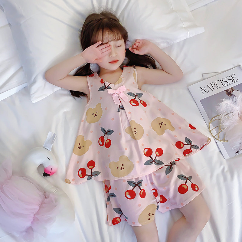 女童睡衣夏季薄款绵绸棉绸无袖小孩中大儿童粉樱桃空调家居服套装