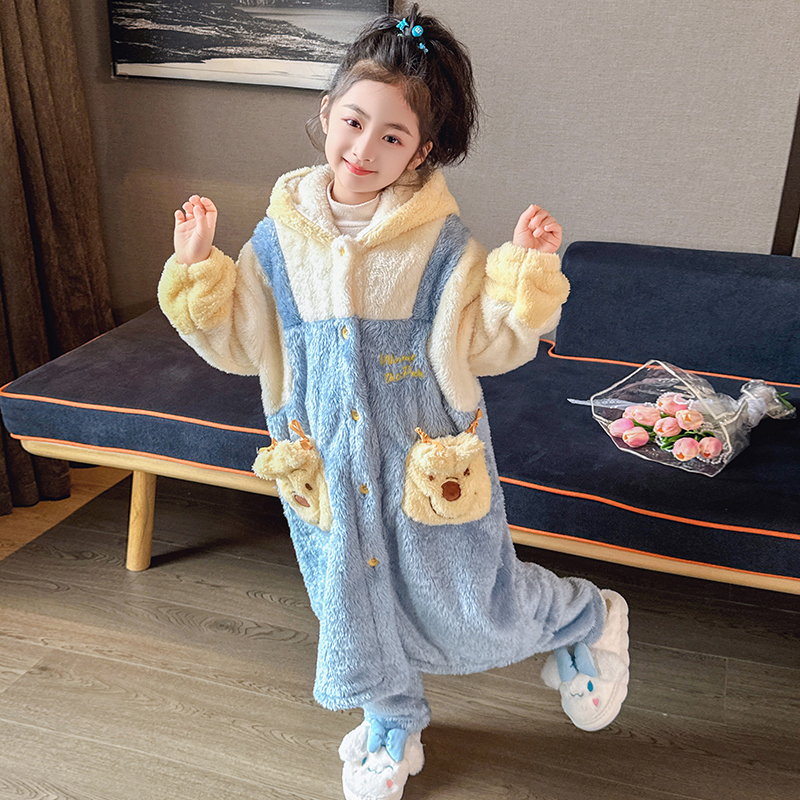 儿童睡衣套装冬季加厚款女童小孩珊瑚绒法兰绒睡袍浴袍连帽家居服