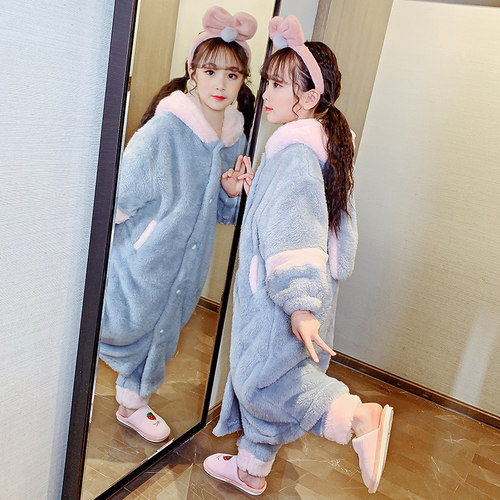 儿童睡衣珊瑚绒秋冬女童小孩加厚款连帽法兰绒保暖睡袍家居服套装